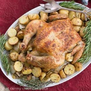 Overhead view of classic roast chicken with potatoes