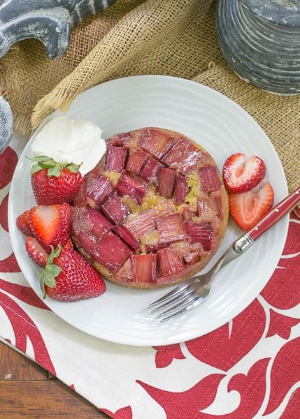 Rhubarb Upside Down Brown Sugar Cake - A seasonal French cake featuring rhubarb