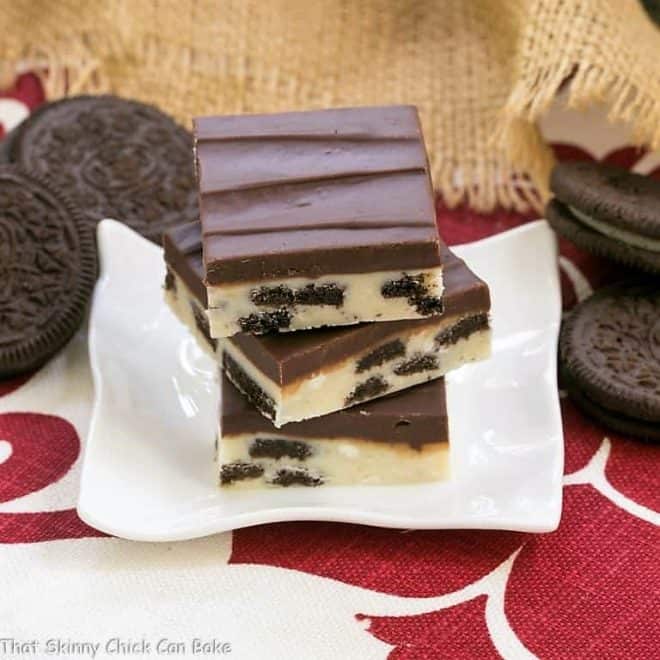 Oreo Double Decker Fudge stacked on a small white plate