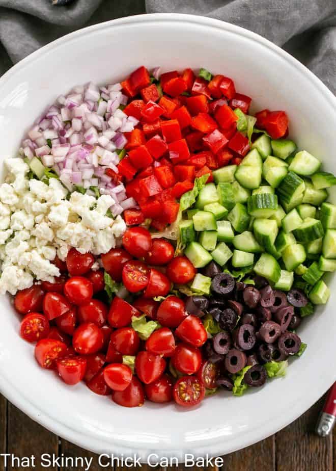 Overhead view of Mediterranean chopped salad.