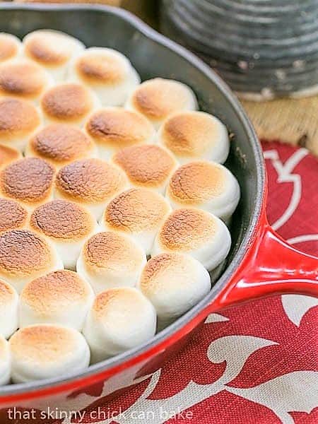 Close view of Skillet S'mores Dip in a red pan