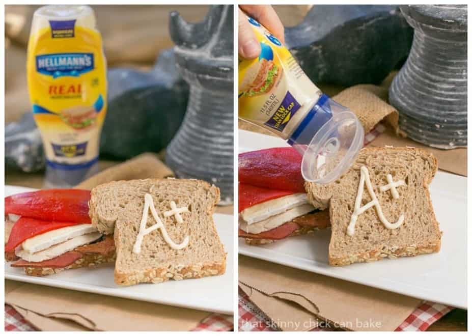 Roasted Chicken Brie and Bacon Sandwich collage with an A+ drawn in mayonnaise on a slice of bread