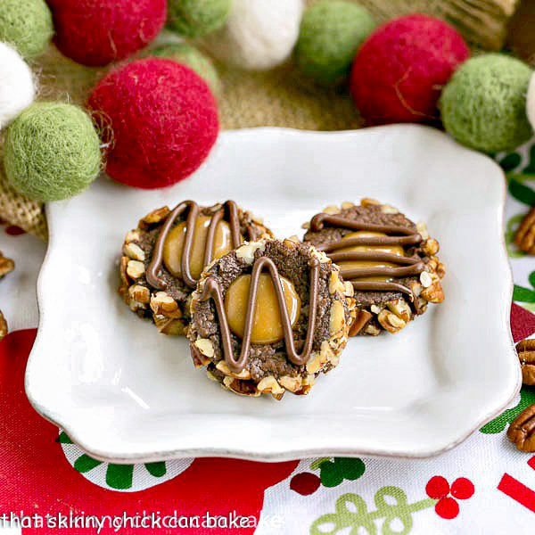 Turtle Thumbprint Cookies - chocolate thumbprints rolled in pecans and filled with caramel!