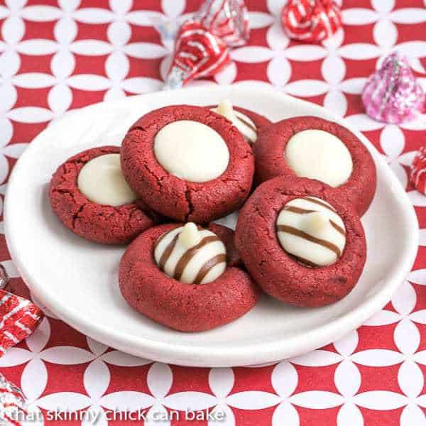 Red Velvet Cookies on an egg shaped white dish.