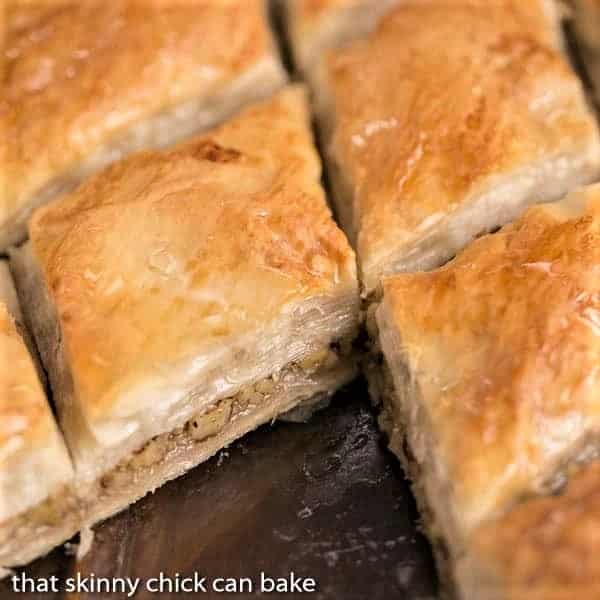 Close up on the insides of a slices of Classic Greek Baklava