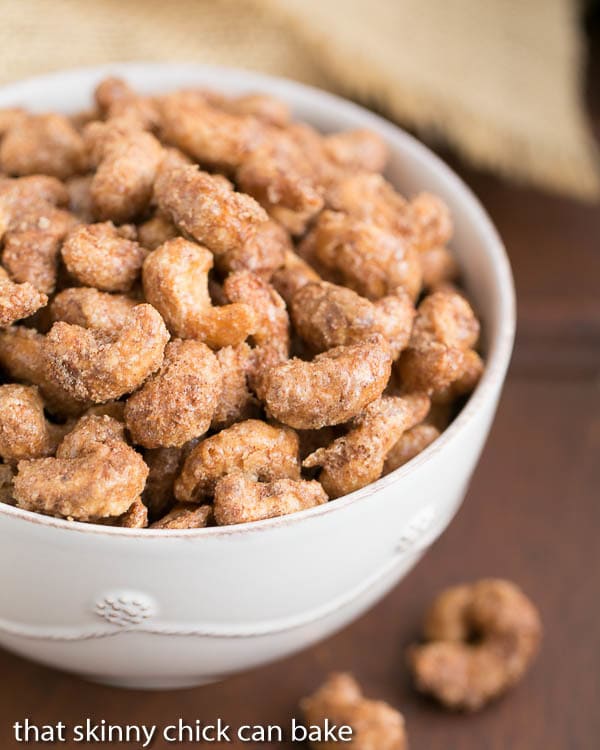 Overhead view of Spicy Sugared Cashews in a decorative serving bowl