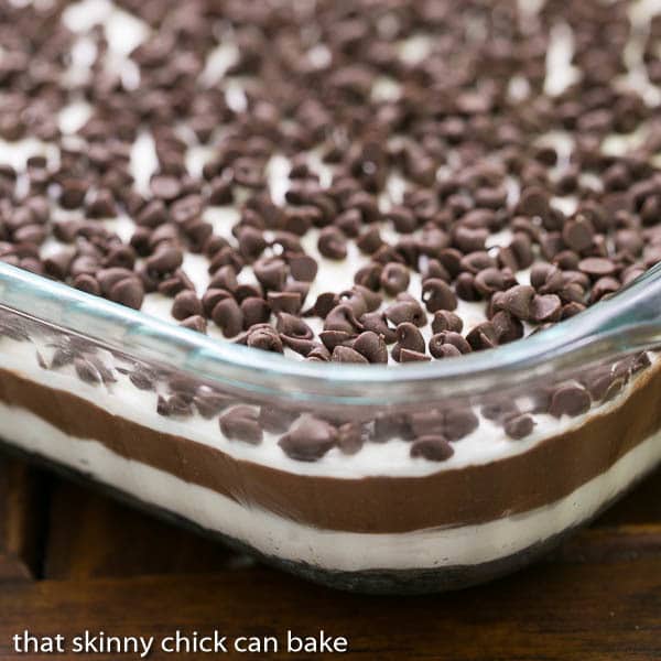 Chocolate Lasagna - A cool, decadent layered chocolate extravaganza! Chocolate Lasagna in a 9 x 13 pan