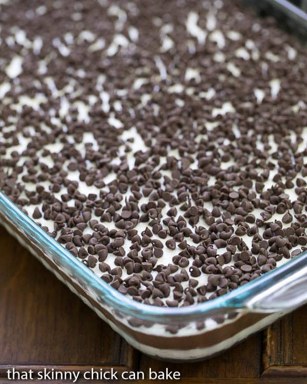 Overhead view of Chocolate Lasagna in pyrex dish