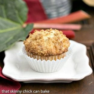 Streusel Topped Rhubarb Muffins | Moist, tender muffins filled with diced rhubarb and topped with a buttery streusel