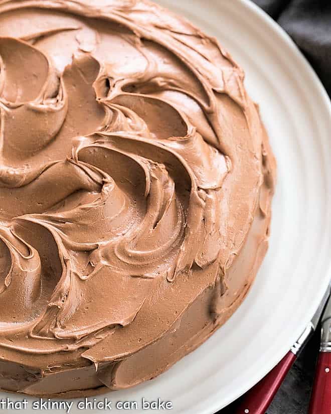 Overhead view of a one layer mocha cake on a white serving plate.