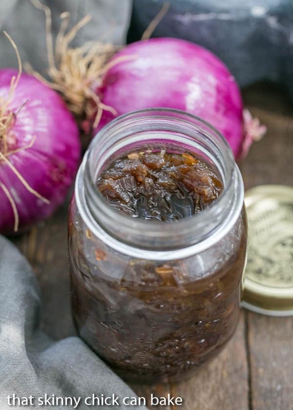 Red Onion Confit - A French inspired condiment!! Onion Marmalade in a glass canning jar.