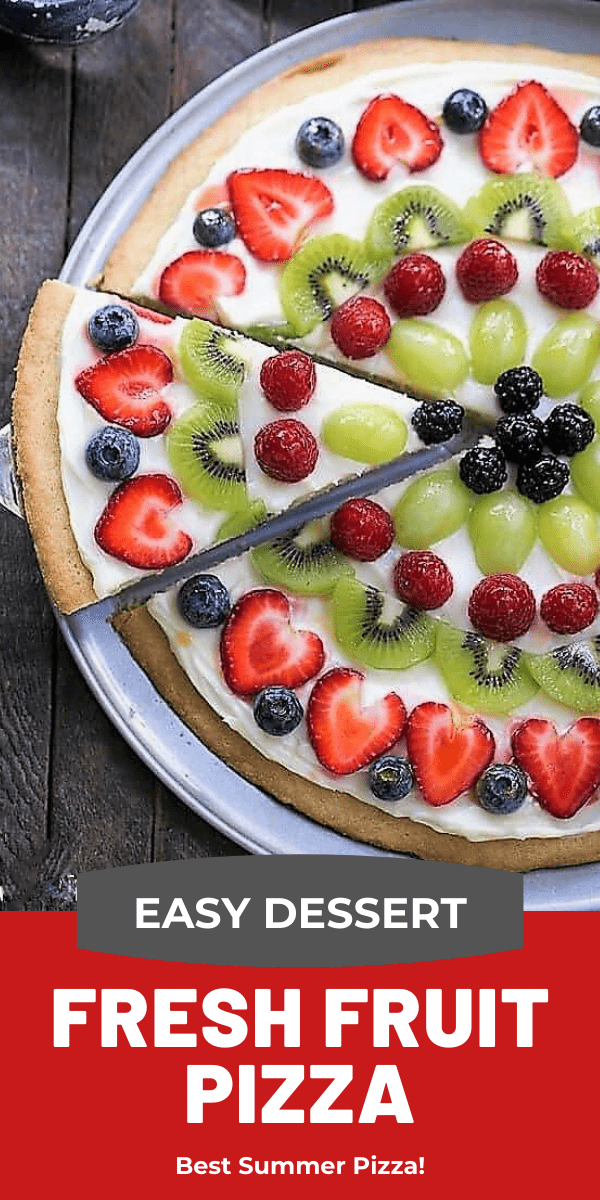 Fresh Fruit Pizza - A vibrant, delicious dessert pizza with a sugar cookie crust and cream cheese frosting! #dessert #dessertpizza #fruitpizza #pizza #nationalpizzamonth #summerdessert #fruit #thatskinnychickcanbake Fresh Fruit Pizza photo and text collage