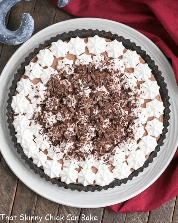French Silk Tart overhead view on a white serving plate.