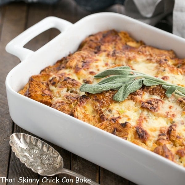 Sausage Croissant French Toast Casserole in a white baking dish.