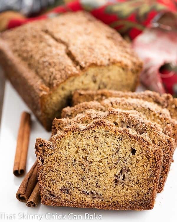 Loaf of Cinnamon Topped Banana Bread, sliced