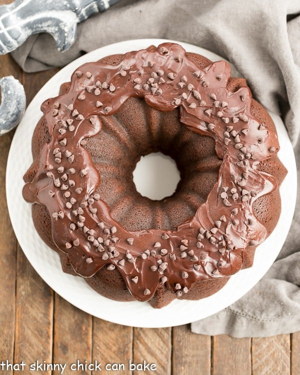 overhead image of Cheesecake Stuffed Chocolate Bundt Cake.