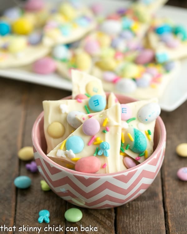 Easy White Chocolate Easter Bark in a pink and white bowl.