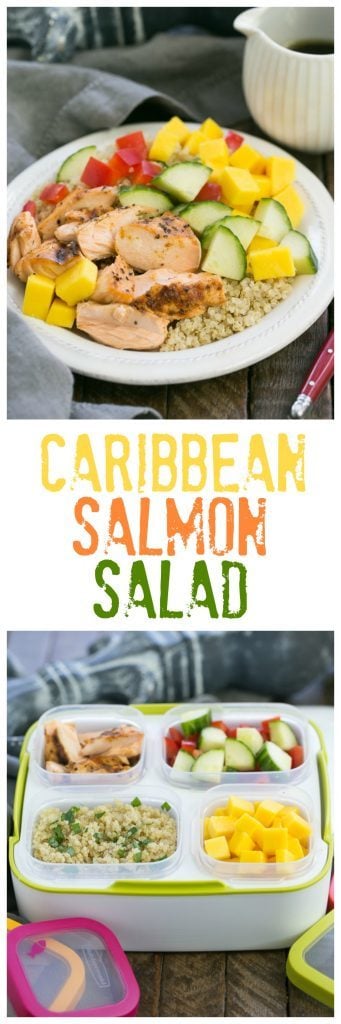 Caribbean Salmon Quinoa Salad | Perfectly portioned, healthy salad with quinoa, mangoes, jerk seasoned salmon and vegetables!