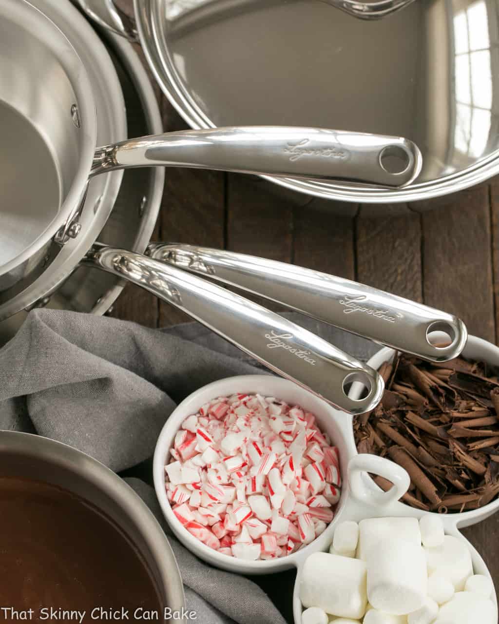 Easy Peppermint Hot Chocolate pans and garnishes.