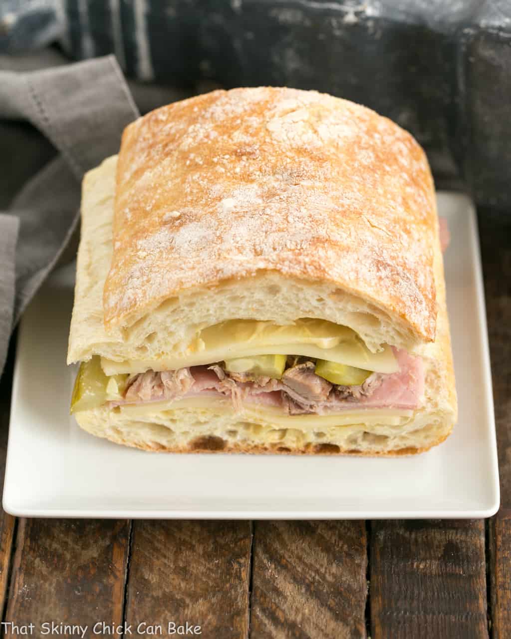 Ciabatta Cubano Sandwich Recipe - An out of this world "grilled pork and cheese" sandwich! Side view of Ciabatta Cubano Sandwich Recipe before cooking.