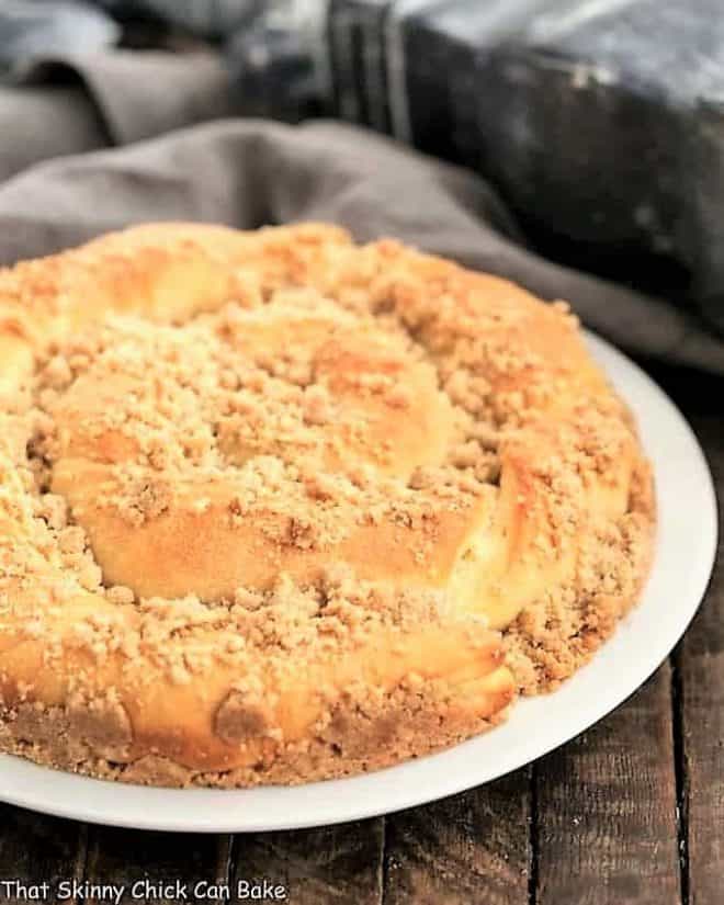 Copycat Sara Lee Coffee Cake on a white serving plate.