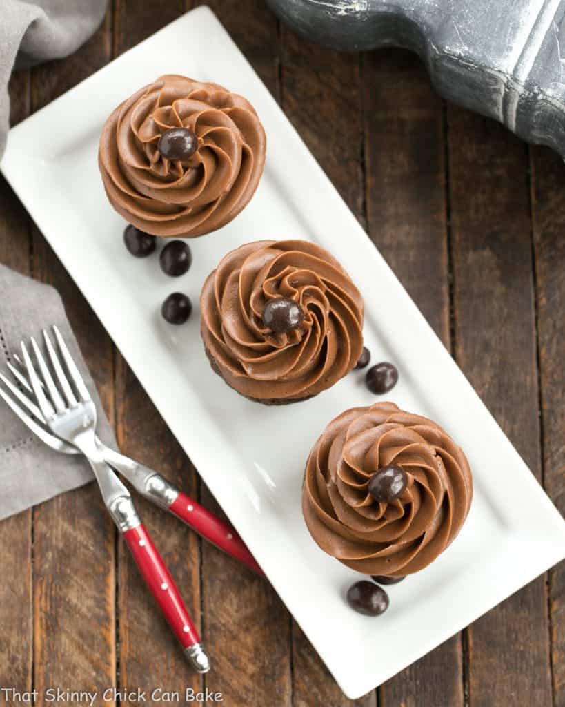 Overhead view of frosted chocolate mocha cupcakes