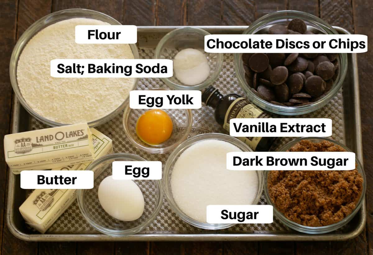 Brown Butter Chocolate Chip Cookie Ingredients  with labels on a sheet pan.