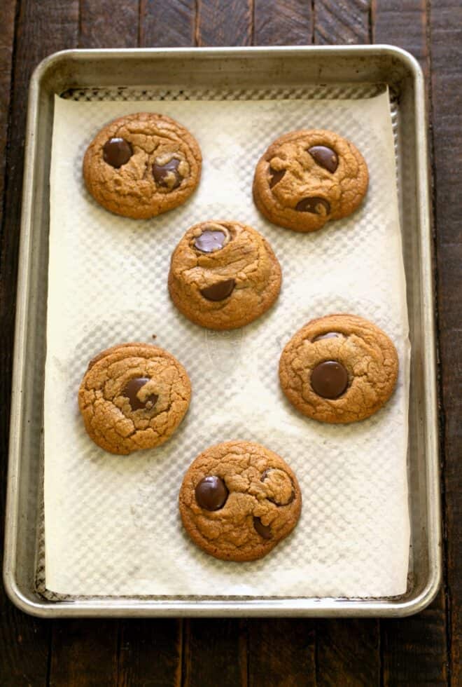Brown Butter chocolate chip cookies baked on a sheetpan.