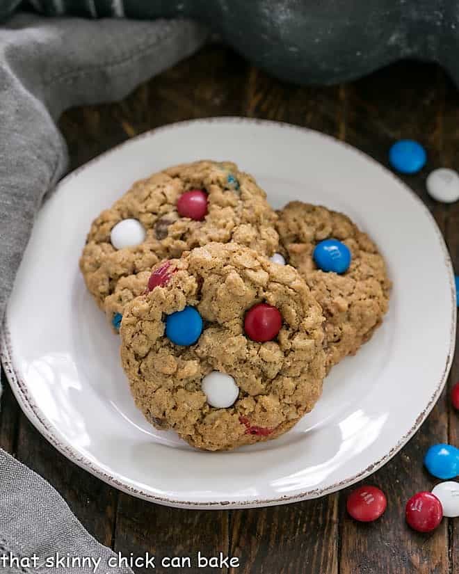 Patriotic Monster Cookies on a small round white plate.
