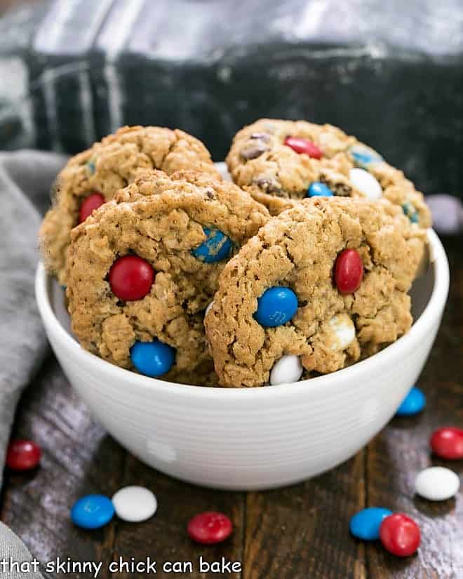 Patriotic Monster Cookies in a white ceramic bowl