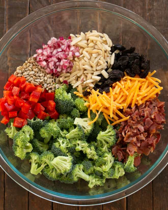 Broccoli salad ingredients in a bowl.