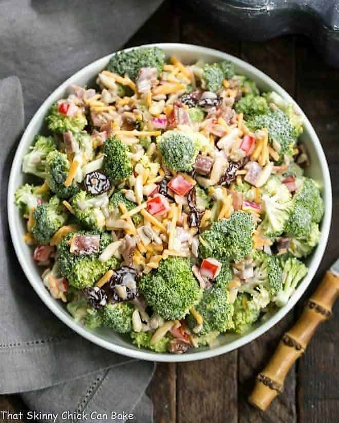 Broccoli salad in a serving bowl.