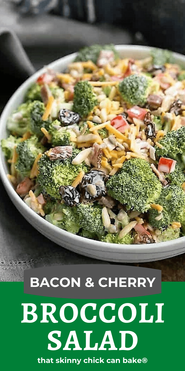 Broccoli Salad with Bacon and Dried Cherries - A classic picnic and potluck salad made even tastier with dried cherries and bacon! It will be the side dish to disappear!!! Broccoli Salad photo and text collage.