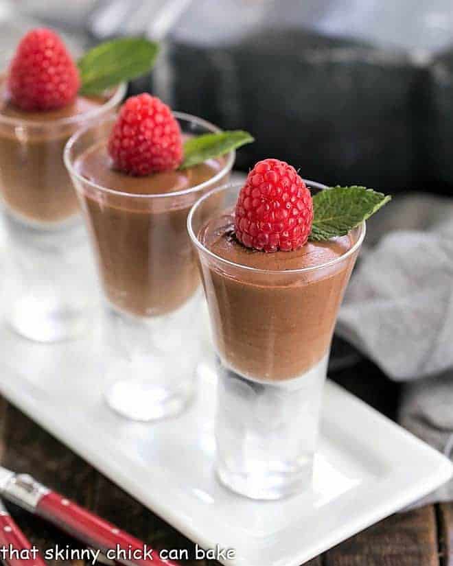Chocolate Truffle Mousse AKA Mousse au Chocolat in decorative shot glasses.