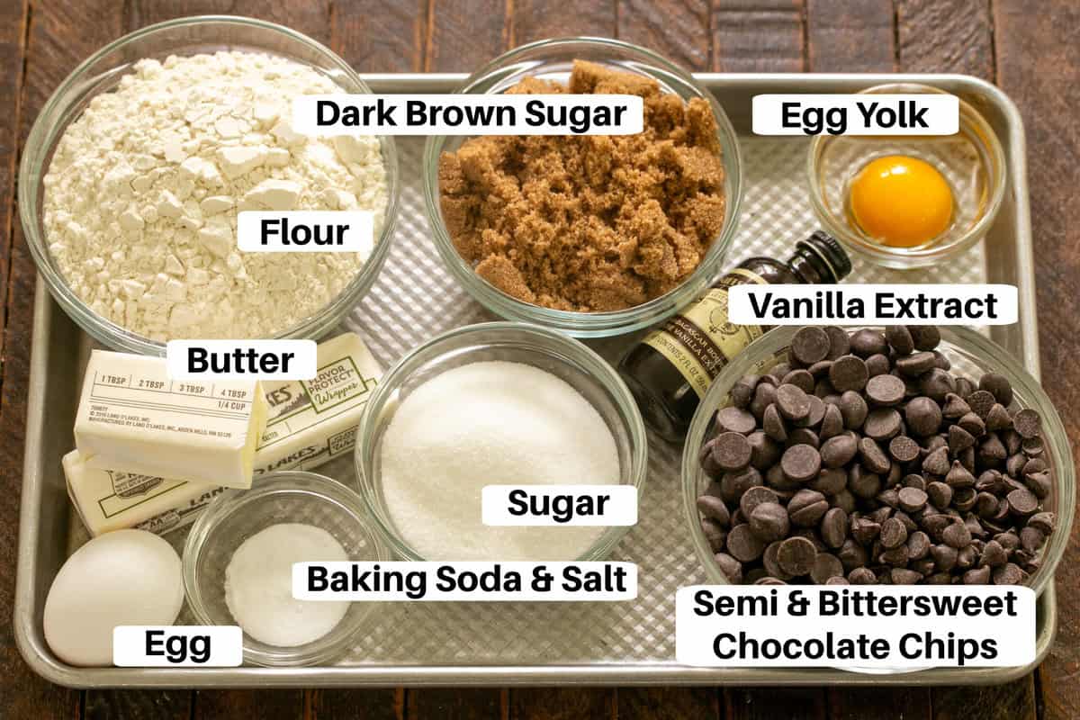 Killer Chocolate Chip Cookies Ingredients with labels on a metal sheetpan.