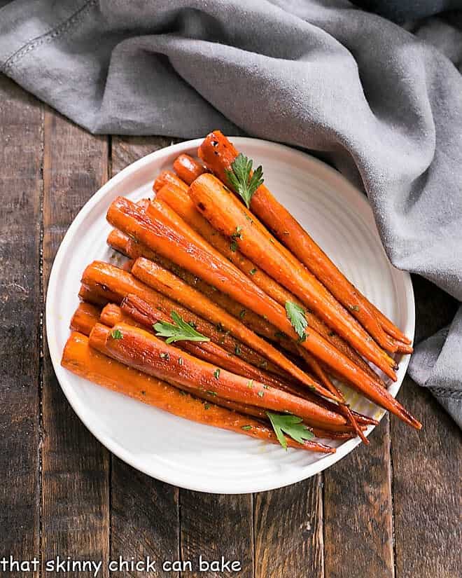 Honey Balsamic Roasted Carrots on a white ceramic plage