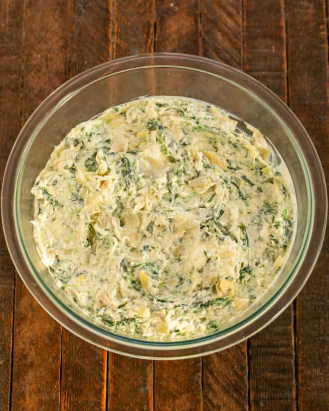 Mixed dip ingredients in a mixing bowl.