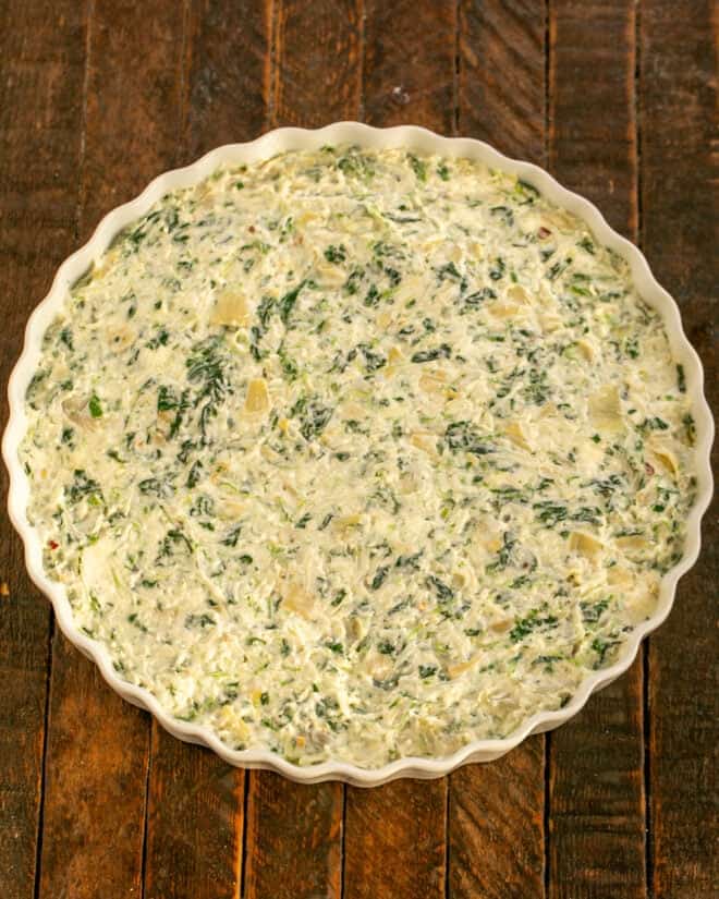 Dip in baking dish ready for the oven.