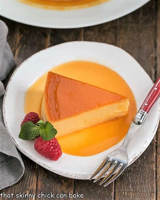 Overhead view of Cream Cheese Caramel Flan Slice in caramel sauce.