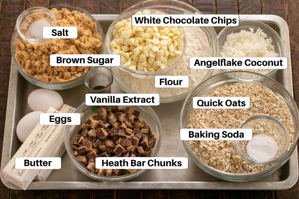 Oatmeal Toffee Cookie Ingredients with labels on a metal sheet pan.