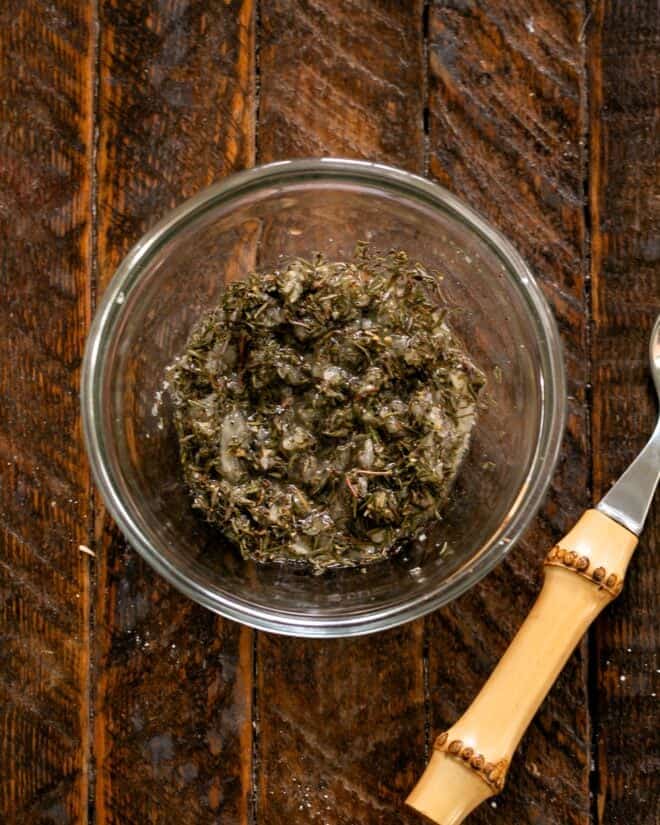 Seasoning mixture in a glass bowl.