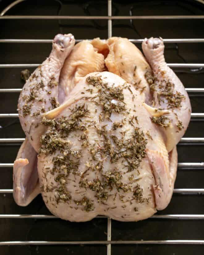 Oven roasted chicken with thyme mixture applied.