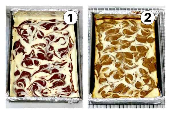 Chocolate batter swirled into cheesecake batter before baking in photo number 2, then next to it is a photo of the brownies after they're baked.