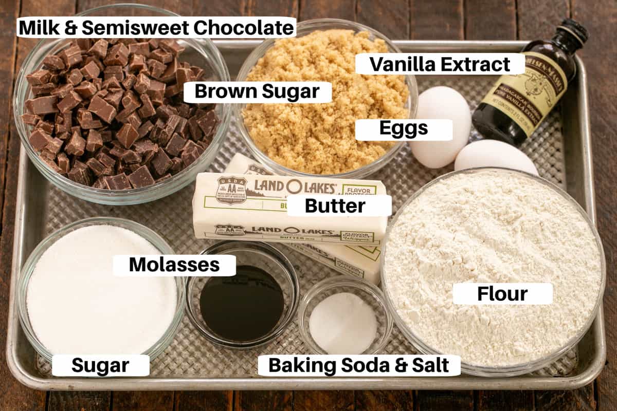 Ad Hoc Chocolate Chunk Cookie Ingredients with labels on a metal sheetpan.