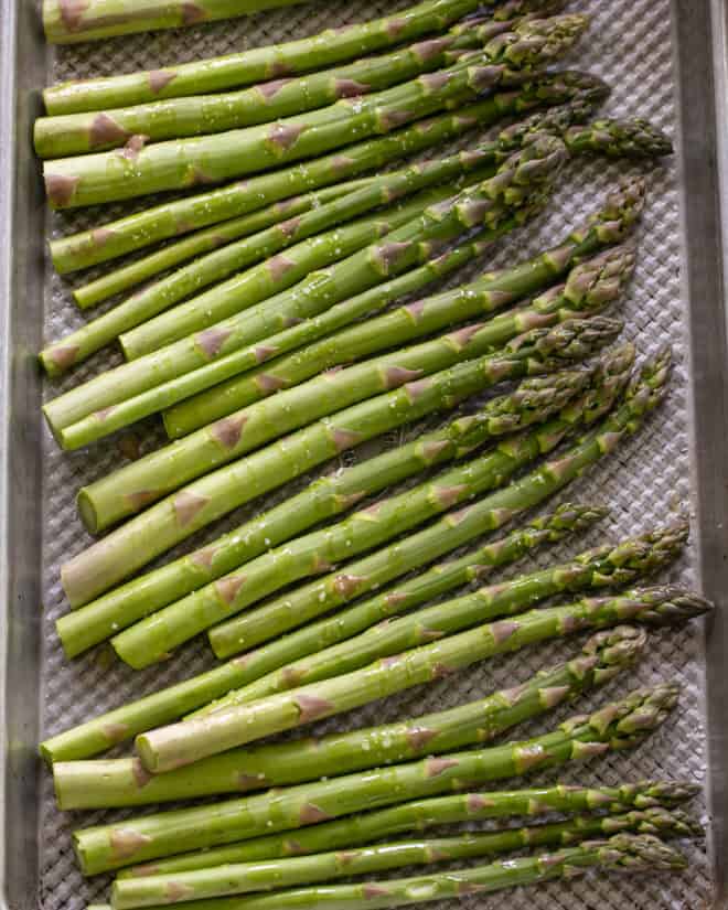 Asparagus on sheet pan.