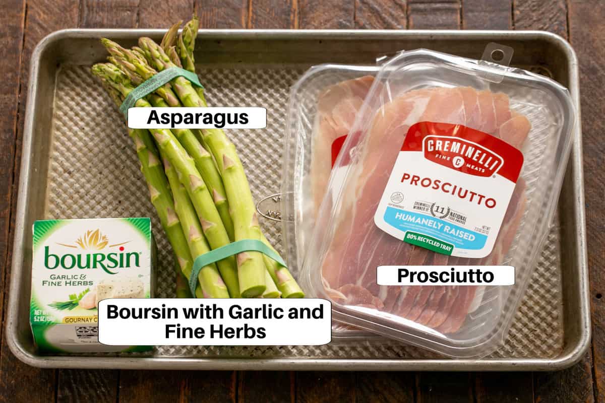 Prosciutto Wrapped Asparagus Ingredients with labels on a metal sheet pan.