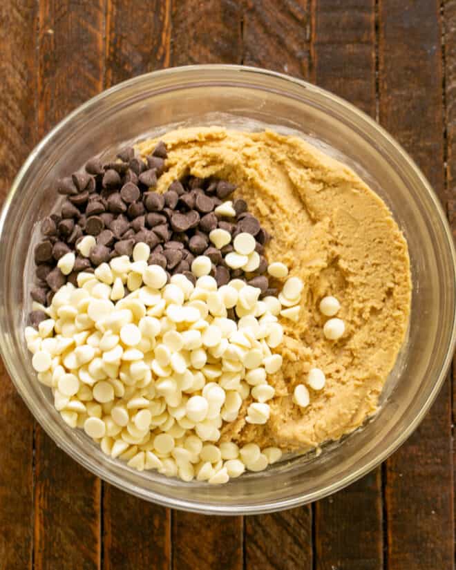 Chocolate chips added to cookie dough.