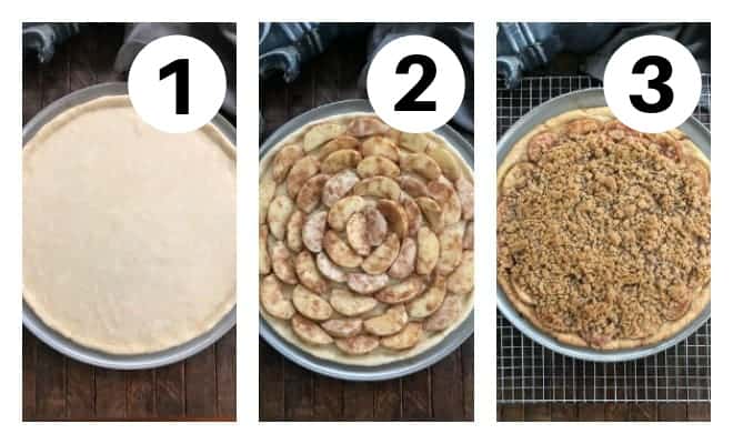 How to Make a Dessert Pizza 3 numbered process shots of apple pie pizza in a collage.
