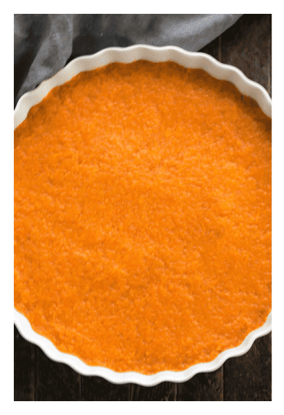 Sweet Potato Casserole filling in a baking dish.