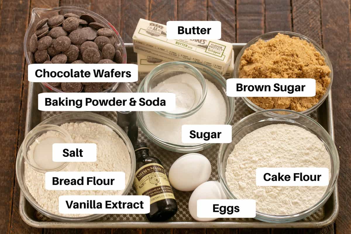 NYT Choc chip cookie ingredients with labels on a metal sheet pan.